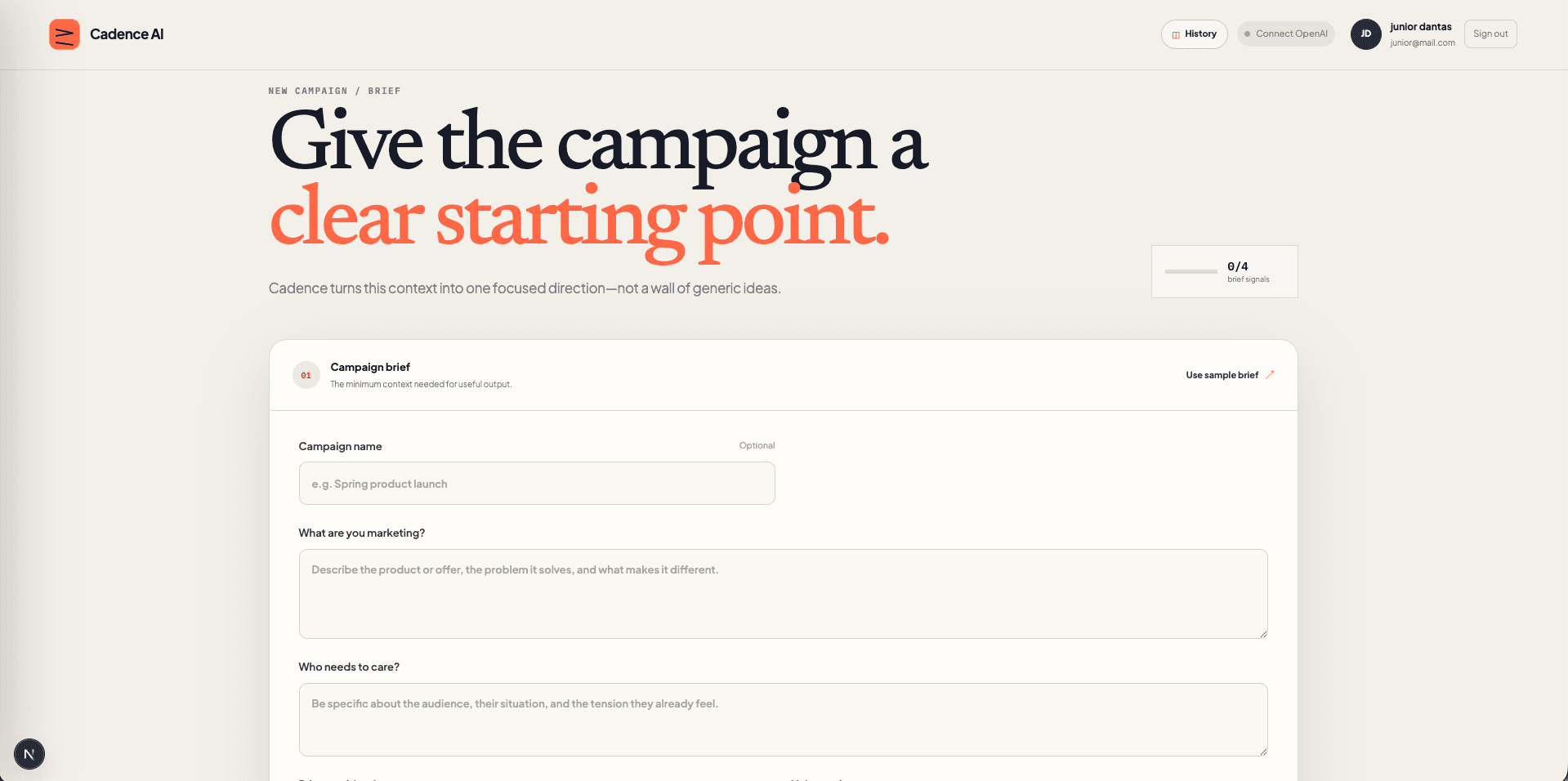 Cadence AI campaign brief workspace