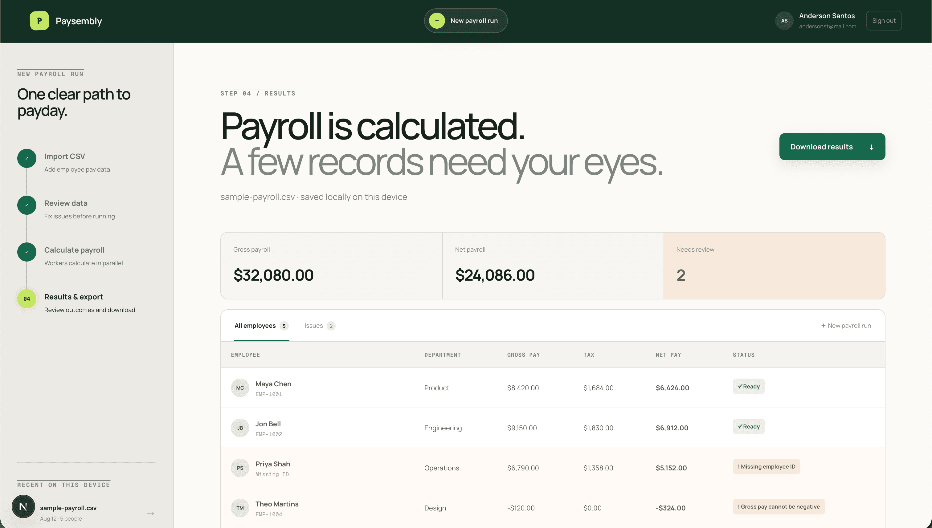 Paysembly calculated payroll results